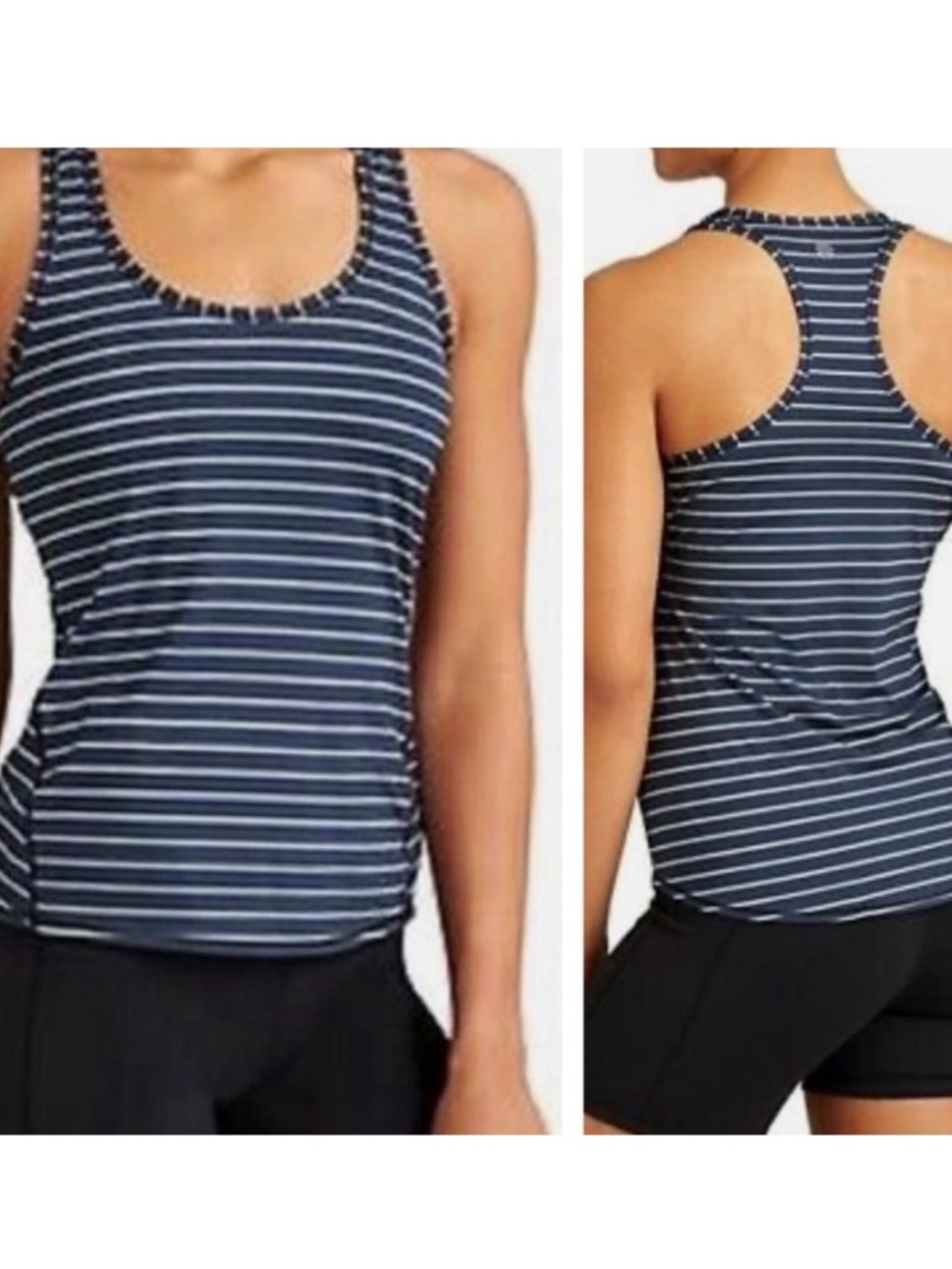 Athleta Tank top Chi Navy Shine Stripe Chi Workout Fitness Shirt Stretchy S